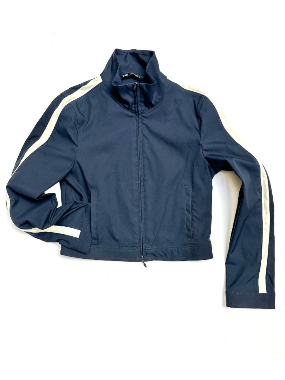 Zara Navy Bomber Jacket with Yellow Sleeve Stripes